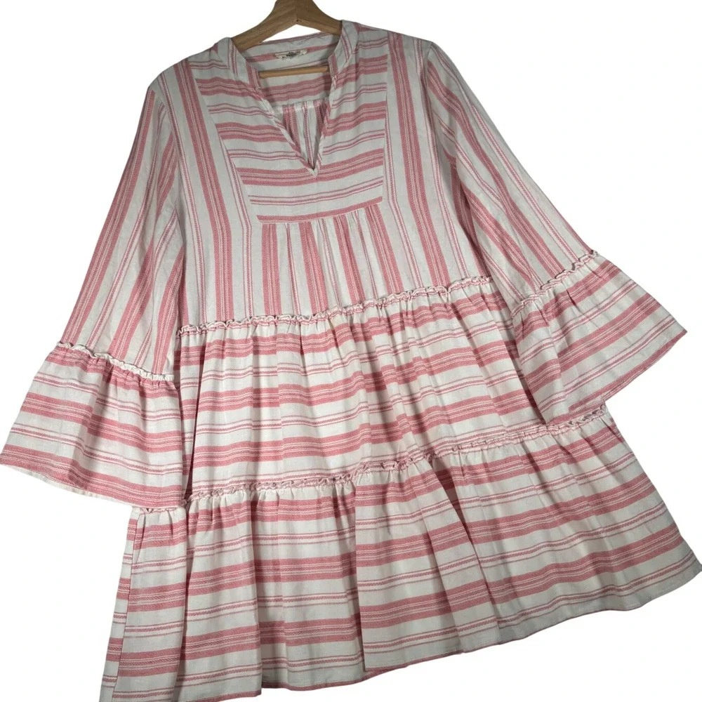 Entro Pink White Striped Tiered Babydoll Mini Dress Bell Sleeve D17573 Womens L